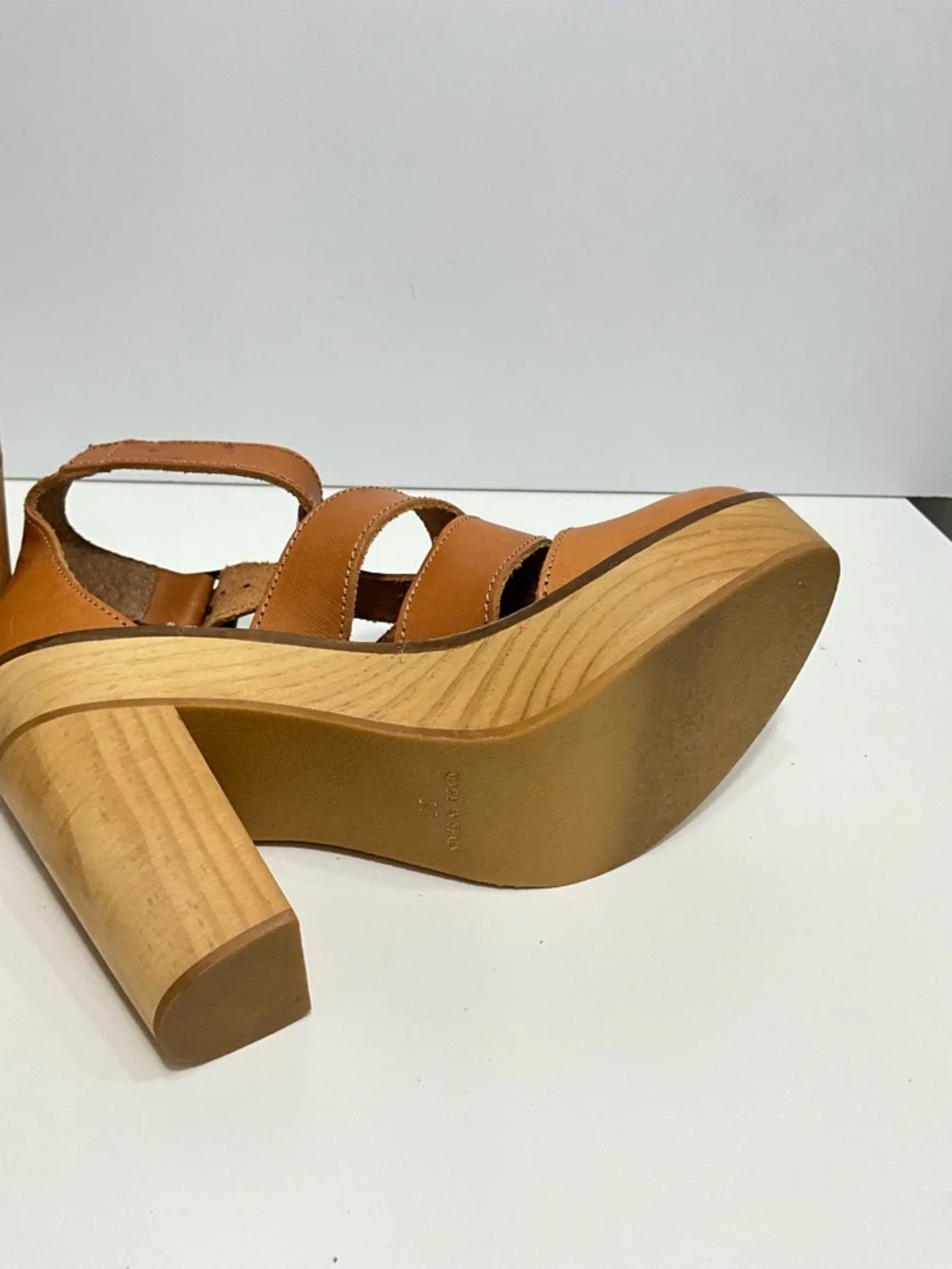 Free People Mix It Up Platform Sandals Cognac Leather Wood Heel Size 7.5